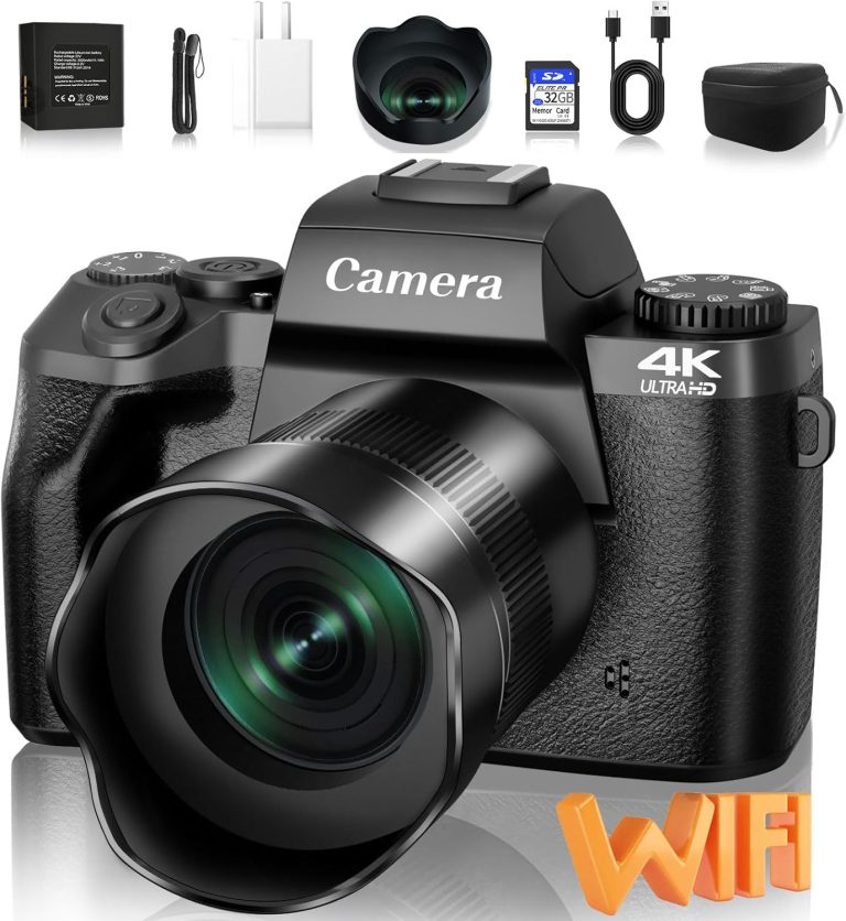 Saneen Digital Camera for Photography, 4K 64MP WiFi Touch Screen Vlogging Camera with Flash, 32GB Micro Card, Lens Hood, 3000mAH Battery, Front and Rear Cameras, 4″Big Screen, Hot Shoe Interface-Black