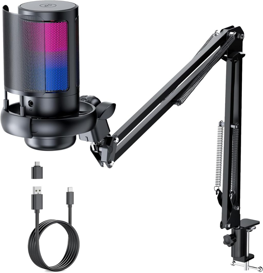 Gaming USB Microphone for PC: Computer Condenser Mic with Boom Arm – Recording Accessories for Gamer – Podcast Microphone Kit for Streaming Gaming USB Microphone for PC: Computer Condenser Mic with Boom Arm – Recording Accessories for Gamer – Podcast Microphone Kit for Streaming