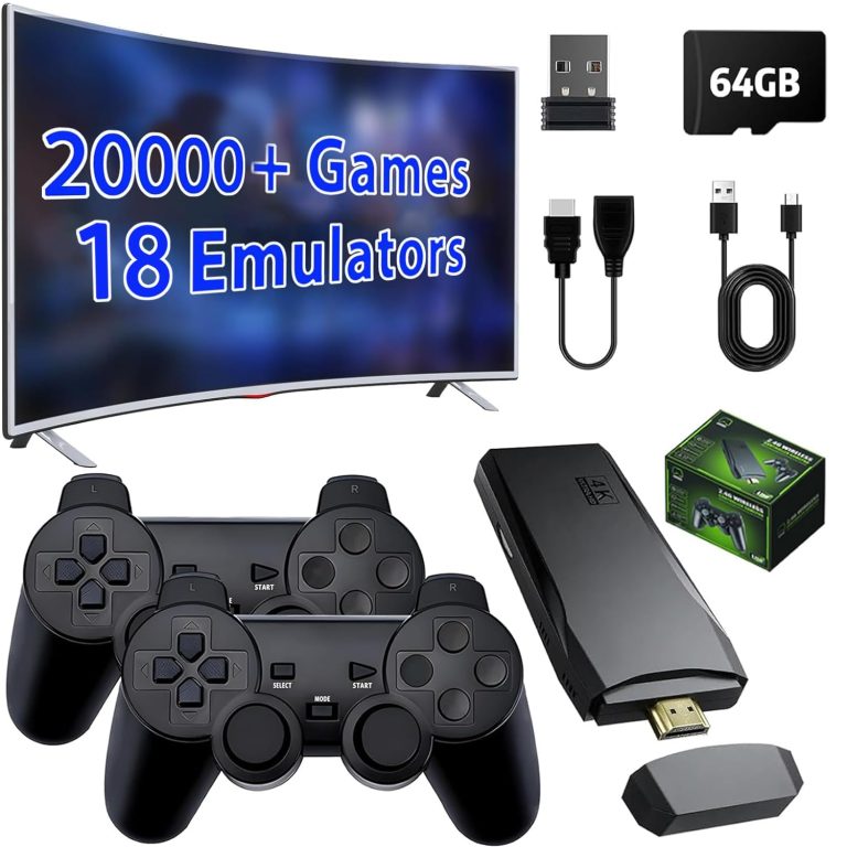 ZeroStory Upgrade Wireless Retro Game Console Stick, Retro Video Game Console Stick Built in 20000+ Games with 18 Emulators, 4K HDMI Output with 2 2.4G Wireless Controllers (64GB Memory Card)