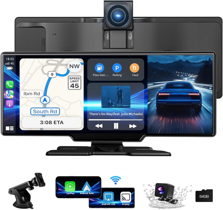 Carplay Screen for Car, 10.26″ Wireless Carplay Screen with 4K Dash Cam, 1080P Rear Camera, Portable Car Stereo with CarPlay & Android Auto Screen, MirrorLink/TF Card/Siri/Bluetooth/AUX/FM/Navigation