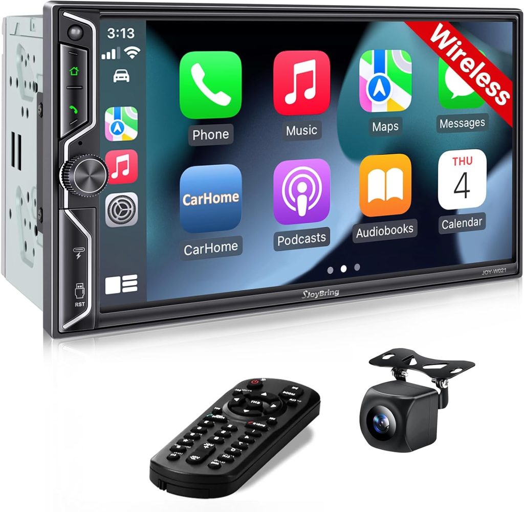 [QLED Screen Upgrade] Double Din Car Radio with Wireless Apple CarPlay and Android Auto, Bluetooth, 4.2-Channel Audio Output, MirrorLink, 7″ HD QLED Touchscreen, Backup Camera, AM/FM Car Stereo