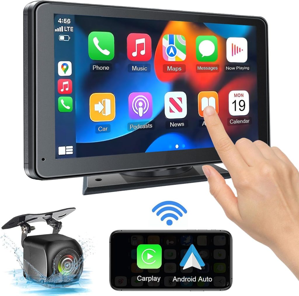 Portable Newest Wireless Apple CarPlay and Android Auto Screen for Car, 7″ HD Touch Screen Car Stereo with Mirror Link, Bluetooth 5.2, Backup Camera, AUX,FM Transmitter for All Vehicles Portable Newest Wireless Apple CarPlay and Android Auto Screen for Car, 7″ HD Touch Screen Car Stereo with Mirror Link, Bluetooth 5.2, Backup Camera, AUX,FM Transmitter for All Vehicles
