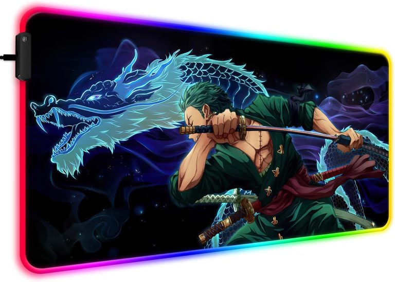 RGB One Piece Zoro Mouse Pad, Extended Large Anime LED Mousepad for Home Office, Light Up Gaming Desk Mat for Computer Keyboard and Laptop, 31.5×15.7×0.12inch(YF15)