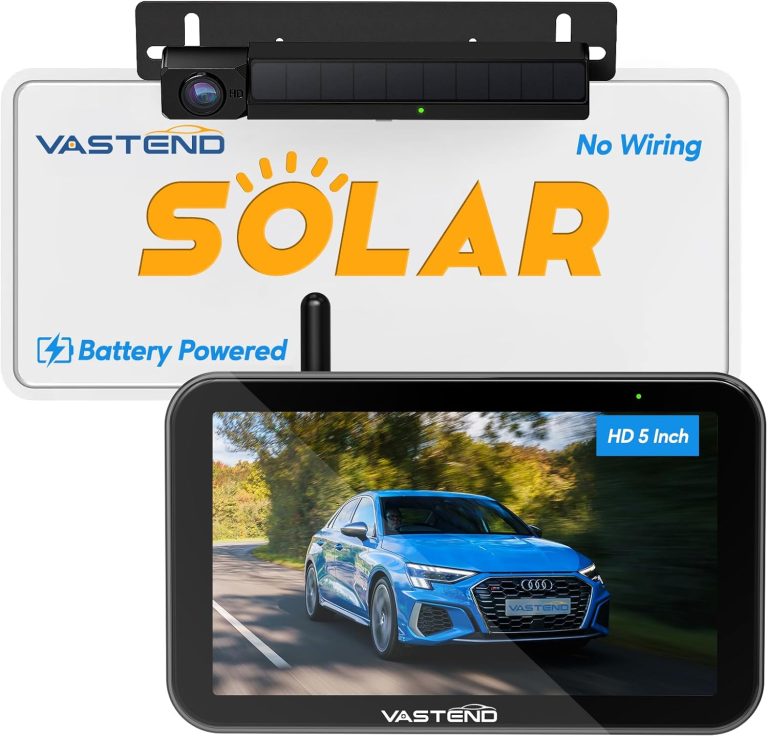 Solar Wireless Backup Camera with 5″ Monitor VASTEND Battery Powered RV Camera System 3 Mins DIY Installation Rear View Camera HD 1080P Reverse Camera for Car Van SUV Pickup Trailer Camper, VS-5A