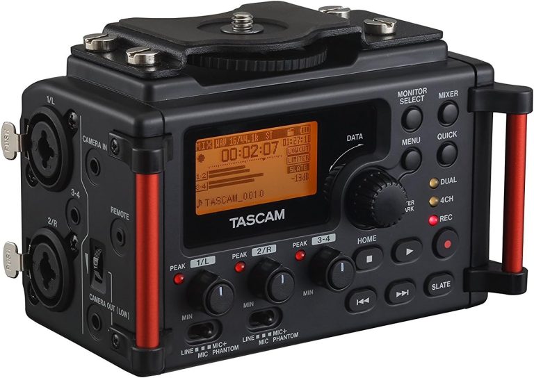 TASCAM 4-Channel Portable Audio Recorder for Videographers, 2 Combo XLR/TRS”, Dual 3.5mm Inputs, Limiter, HP Filter (DR-60DmkII)