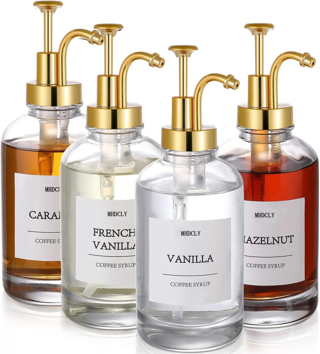 Coffee Bar Accessories, Coffee Syrup Dispenser – 4pack,16.9oz Syrup Dispenser with Labels,Syrup Pump Dispenser for Coffee Bar(Gold pump) Coffee Bar Accessories, Coffee Syrup Dispenser – 4pack,16.9oz Syrup Dispenser with Labels,Syrup Pump Dispenser for Coffee Bar(Gold pump)