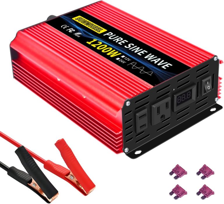 SUNWHEEL 1200 Watt Pure Sine Wave Power Inverter DC 24V to AC 110V 120V Peak Power 2400W Car Inverter with 2 AC Outlets LCD Display for Power Tools Home Vehicles RV Truck