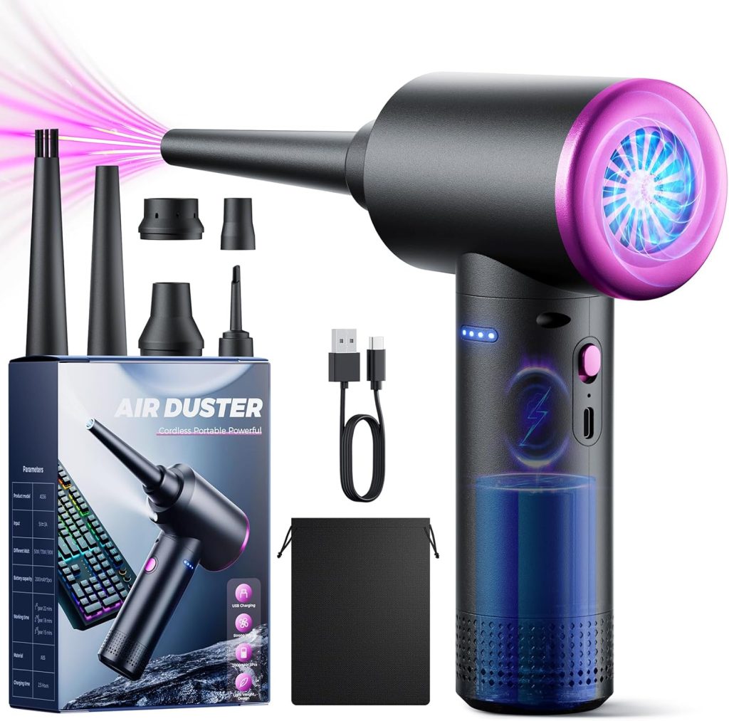 Evaline Compressed air Duster – 3 Gear Adjustable 100000RPM Electric with LED Light, Cordless Blower for Computer Keyboard Car Cleaning Kit 9000mAh Rechargeable Dust Remover, Black Evaline Compressed air Duster – 3 Gear Adjustable 100000RPM Electric with LED Light, Cordless Blower for Computer Keyboard Car Cleaning Kit 9000mAh Rechargeable Dust Remover, Black