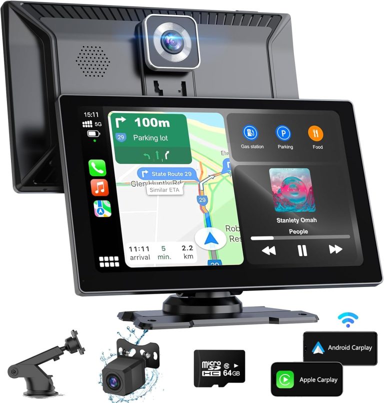 Dogfuel 9″ Apple Carplay Screen for Car, Portable Wireless Apple Carplay & Android Auto with 4K Dash Cam, 1080p Backup Camera, Apple Car Play GPS Navigation, Voice Control, Bluetooth, Mirror Link, FM
