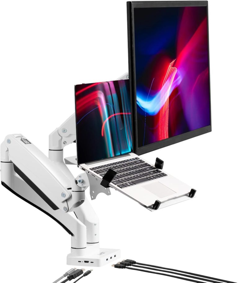 AVLT Dual 17”-43″ Monitor Arm Desk Mount with 15″ Laptop Tray and USB-C Docking Station, HDMI 4K60Hz, USB-A 5Gbps, Ethernet, 100W PD, Fits Two Flat/Curved Monitor – White