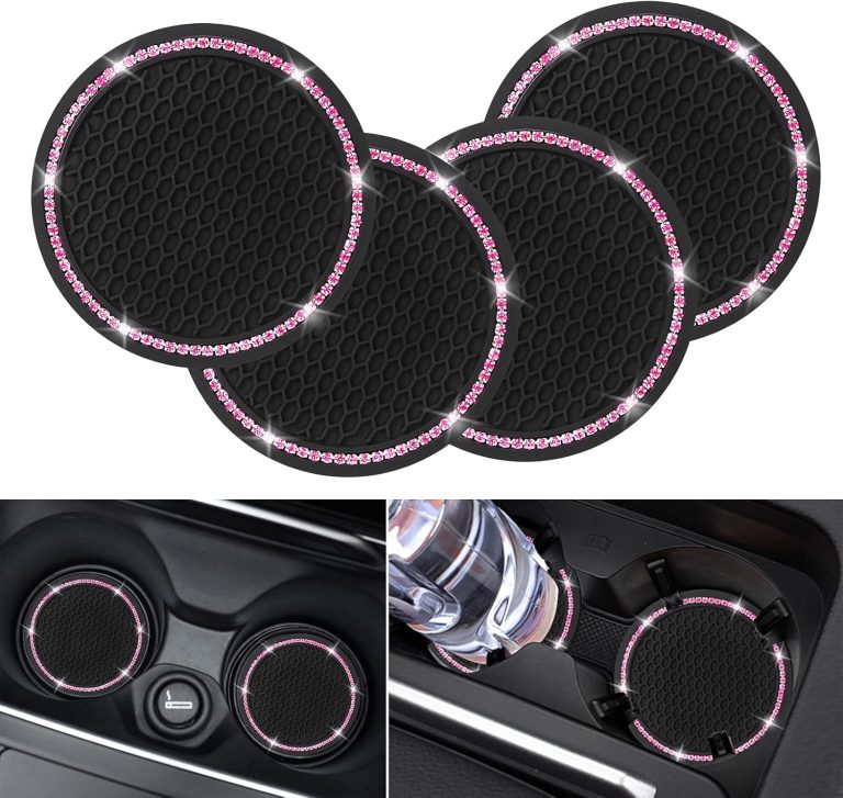 4 Pack Car Coasters, Universal Vehicle Bling Car Coaster, Cute Rhinestone Coaster for Cup Holders,Interior Accessories 2.75” Silicone Anti Slip Car Coasters for Women (Pink Crystal Circle)