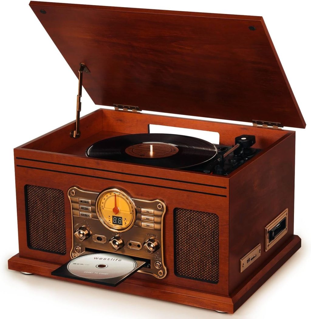 10 in 1 Bluetooth Record Player, 3-Speed Turntable for Vinyl with Speakers, LP to MP3 Converter, CD, Cassette Player, FM Radio, Wireless Streaming | Mahogany 10 in 1 Bluetooth Record Player, 3-Speed Turntable for Vinyl with Speakers, LP to MP3 Converter, CD, Cassette Player, FM Radio, Wireless Streaming | Mahogany