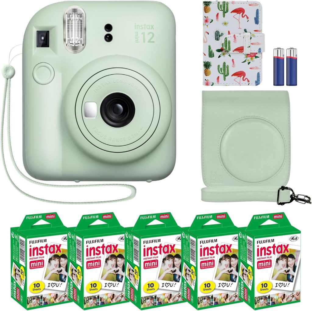 Fujifilm Instax Mini 12 Instant Camera + MiniMate Accessory Bundle & Compatible Custom Case + Fuji Instax Film Value Pack (50 Sheets) Flamingo Designer Photo Album (Mint Green) Fujifilm Instax Mini 12 Instant Camera + MiniMate Accessory Bundle & Compatible Custom Case + Fuji Instax Film Value Pack (50 Sheets) Flamingo Designer Photo Album (Mint Green)