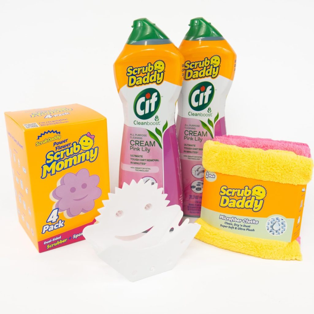 Scrub Daddy Cleaning Supplies Kit – Cif Floral Bundle – Includes Scrub Mommy Dish Sponges, Microfiber Towels, Kitchen Sink Caddy & Cif Cream All Purpose Cleaner, Pink Lilly (9 Count) Scrub Daddy Cleaning Supplies Kit – Cif Floral Bundle – Includes Scrub Mommy Dish Sponges, Microfiber Towels, Kitchen Sink Caddy & Cif Cream All Purpose Cleaner, Pink Lilly (9 Count)