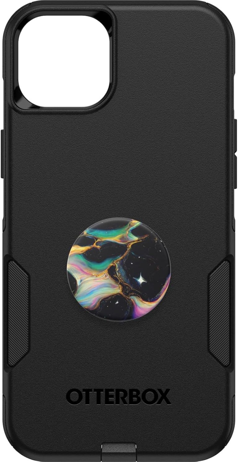OtterBox Bundle iPhone 15 Plus and iPhone 14 Plus Commuter Series Case – (Black) + PopSockets PopGrip – (Electric Oil Slick), Slim & Tough, Pocket-Friendly, with Port Protection, PopGrip Included