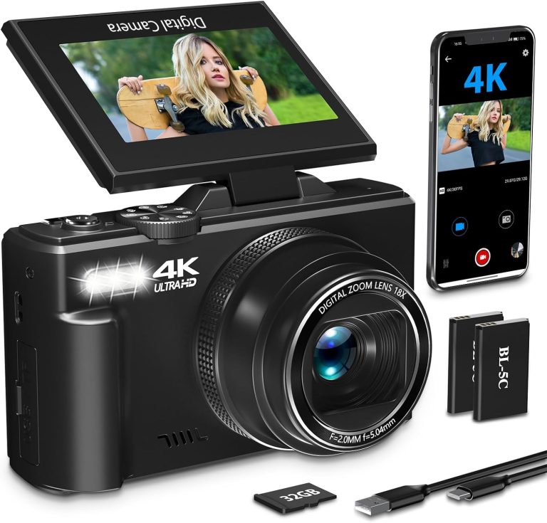 4K Digital Camera for Photography with 3″ 180°Flip Screen, 64MP Vlogging Camera for YouTube, 4K Ultra HD WiFi Camera with 18X Digital Zoom，Compact Camera with Flash, 32GB TF Card & 2 Batteries（Black）