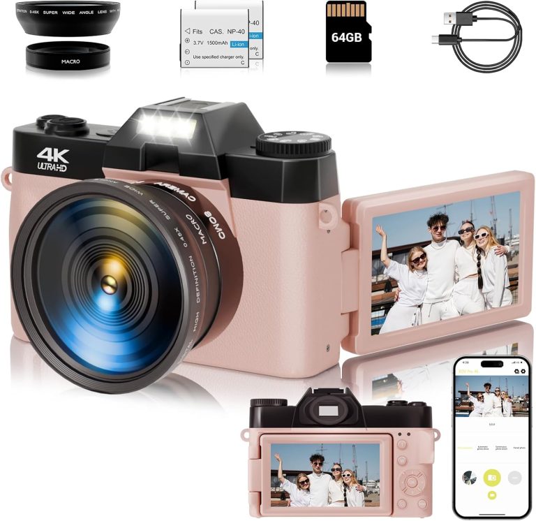 4K Digital Camera for Photography, 56MP Vlogging Video WiFi Camera for YouTube with 3” 180°Flip Screen, 64GB SD Card, 16x Digital Zoom, 2 Batteries, Point Shoot Compact Travel Vintage Cameras(Pink)