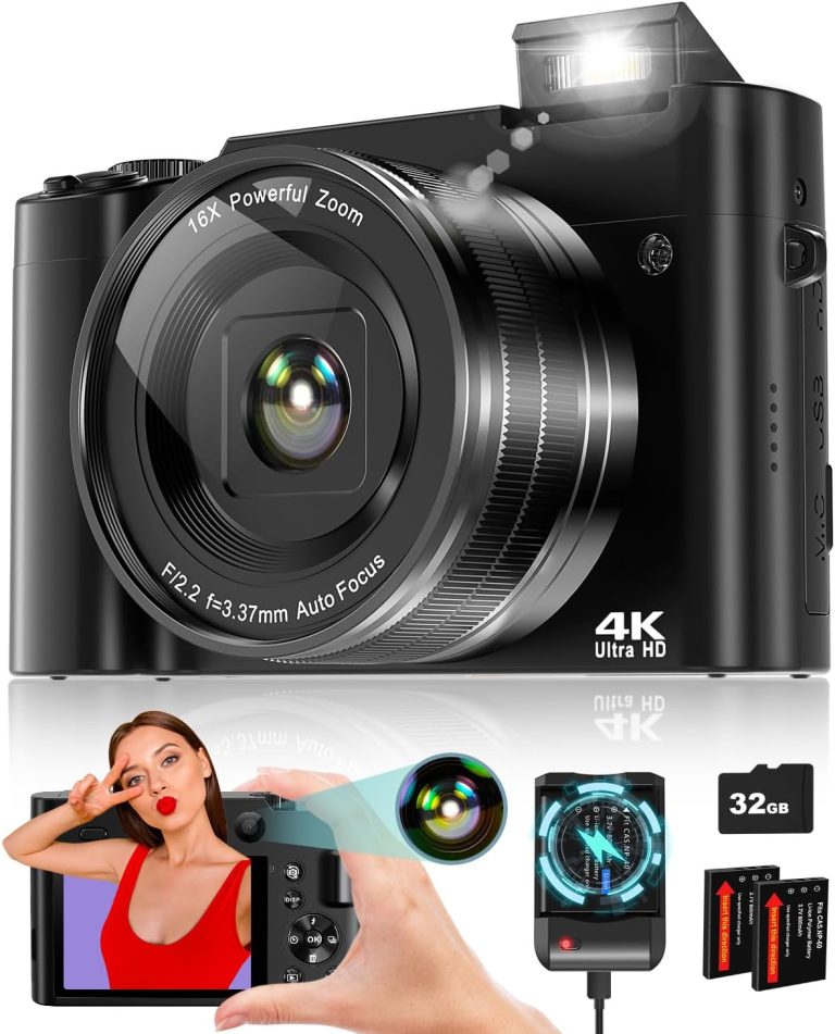 4K Digital Camera for Photography, 64MP Autofocus Vlogging Camera for YouTube with Selfie Lens, Compact Travel Video Camera with Flash, 16X Zoom, Anti-Shake, 32GB Card, 2 Batteries(Black)