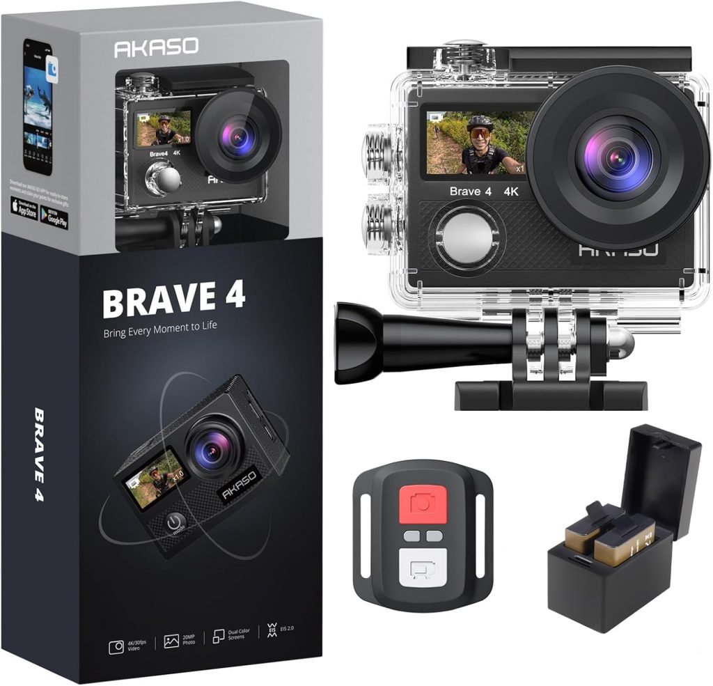 AKASO Brave 4 4K30fps 20MP WiFi Action Camera Ultra Hd with EIS 131ft Waterproof Camera Remote Control 5xZoom Underwater Camcorder with 2 Batteries and Bicycle Helmet Accessories Kit AKASO Brave 4 4K30fps 20MP WiFi Action Camera Ultra Hd with EIS 131ft Waterproof Camera Remote Control 5xZoom Underwater Camcorder with 2 Batteries and Bicycle Helmet Accessories Kit