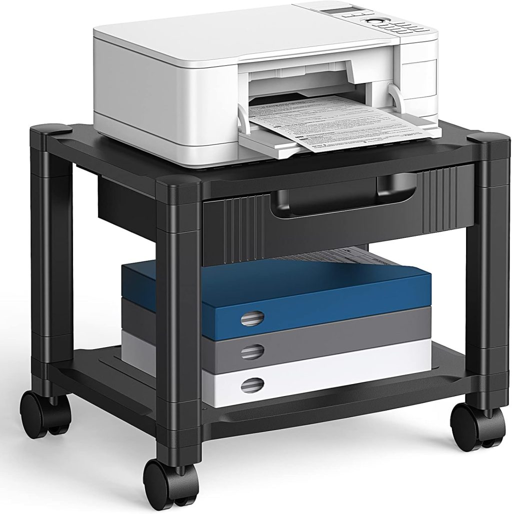 HUANUO Printer Stand with Cable Management and Storage Drawer, Printer Table with Locking Wheels, 14.1-inch Maximum Height Printer Cart for Under Desk, Home, Office, HNDPS HUANUO Printer Stand with Cable Management and Storage Drawer, Printer Table with Locking Wheels, 14.1-inch Maximum Height Printer Cart for Under Desk, Home, Office, HNDPS