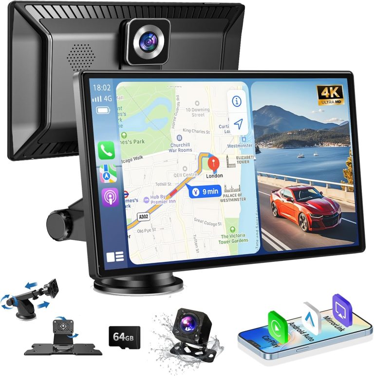 Wireless Carplay Screen with 4K Dash Cam, 9″ Portable Carplay Screen for Car with Carplay&Android Auto, 1080P Backup Camera, Touch Screen Car Stereo,GPS Navigation/Mirror Link/Siri/Bluetooth