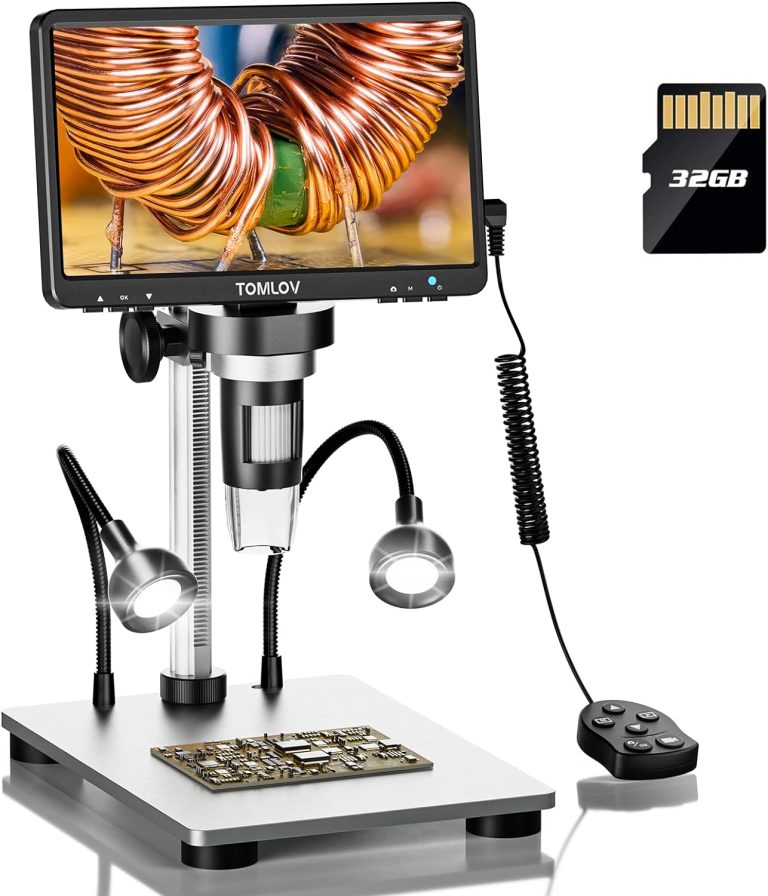 TOMLOV DM9 7″ LCD Digital Microscope 1200X, 1080P Coin Microscope Magnifier, 12MP Ultra-Precise Focusing Soldering Microscope for Adult, PC View, 32GB