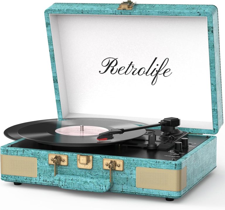 Record Player 3 Speed Bluetooth Portable Suitcase Vinyl Player with Built-in Speakers Turntable Enhanced Audio Sound PU Leather Vintage (Retro Blue)
