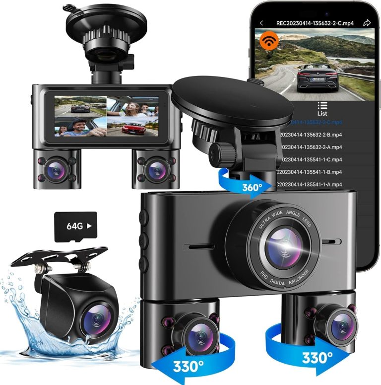 360 Dash Cam Front and Rear Inside, 4 Channel Dash Camera for Cars FHD 1080Px4, Built-in Wi-Fi, 3.16” IPS Screen, WDR Night Vision, Included 64GB Card, 24H Parking Mode