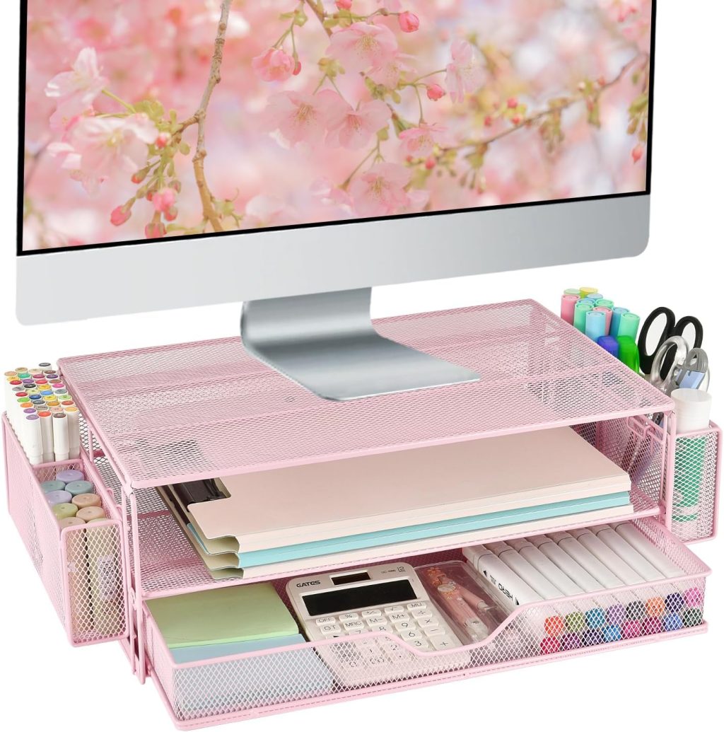 AUPSEN Computer Monitor Stands with Drawers and 2 Pen Holder, Desk Accessories & Workspace Desk Organizers, Monitor Stand for Computer, Laptop, Printer, Office Supplies(Pink) AUPSEN Computer Monitor Stands with Drawers and 2 Pen Holder, Desk Accessories & Workspace Desk Organizers, Monitor Stand for Computer, Laptop, Printer, Office Supplies(Pink)