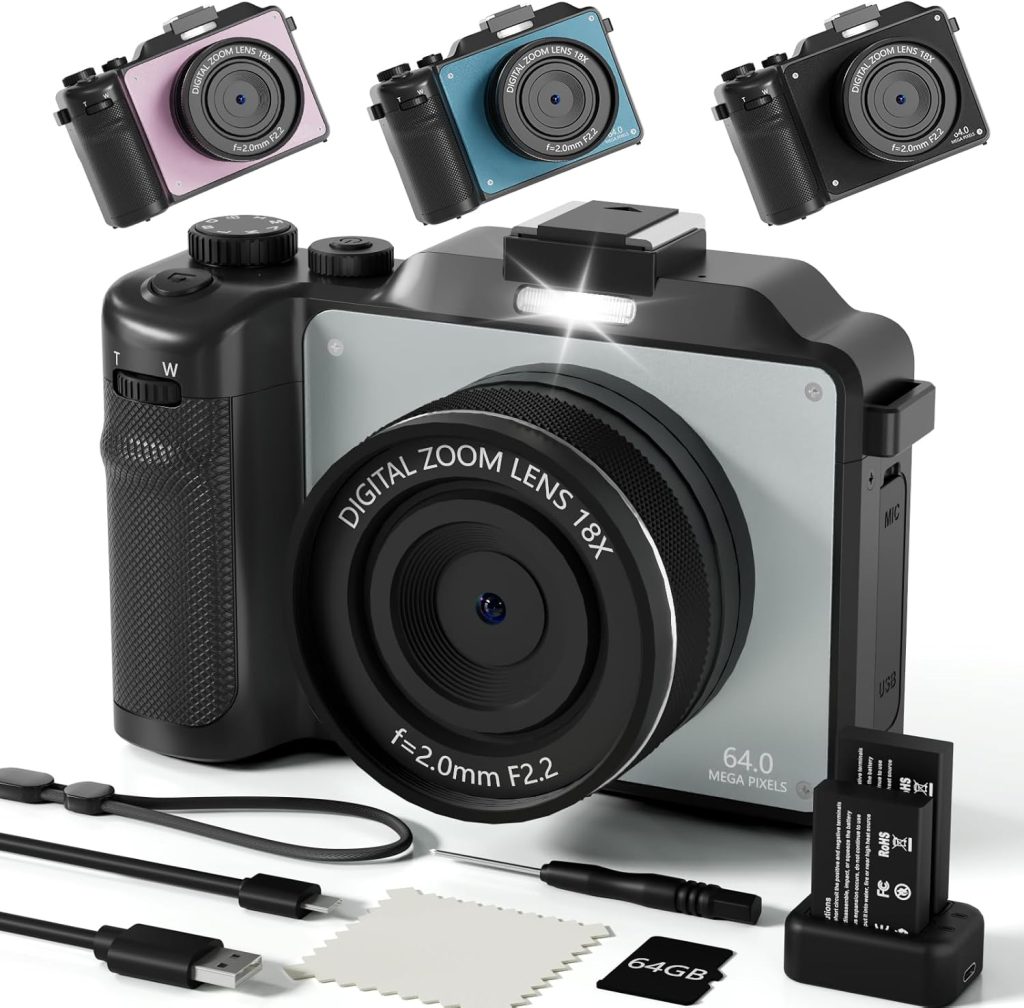 4K Digital Camera for Photography, 64MP WiFi Vlogging Camera for YouTube with 4 Changeable Colors Panel, Compact Travel Video Cameras with Flash, Selfie Lens, 64GB Card, 18X Zoom, 2 Batteries+Charger 4K Digital Camera for Photography, 64MP WiFi Vlogging Camera for YouTube with 4 Changeable Colors Panel, Compact Travel Video Cameras with Flash, Selfie Lens, 64GB Card, 18X Zoom, 2 Batteries+Charger