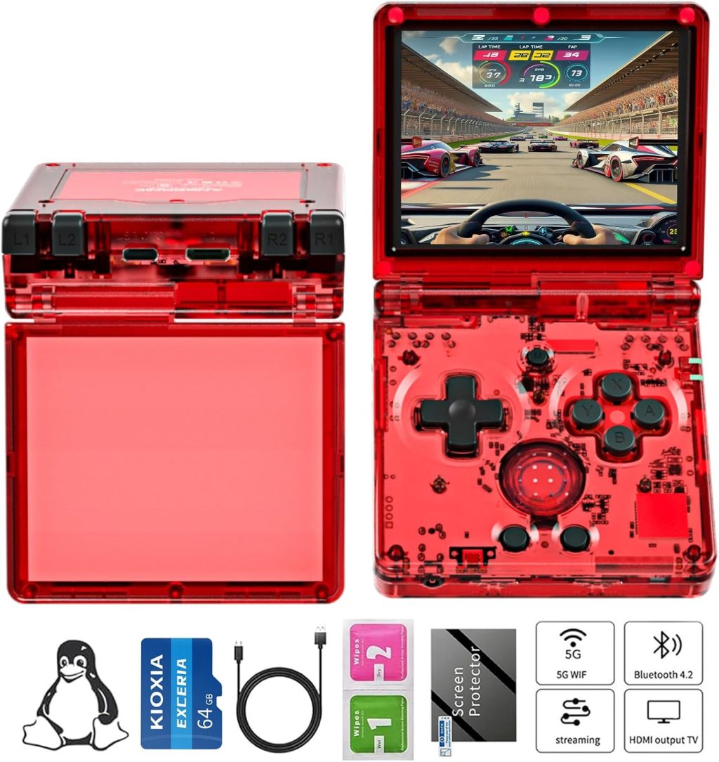 RG35XXSP Handheld Game Console RG35XX SP Clamshell Retro Game Console with 64G TF Card Portable Gaming Console with 3.5 inch Screen 3300mAh Battery 5G WiFi Bluetooth HD and TV Output Red Transparent RG35XXSP Handheld Game Console RG35XX SP Clamshell Retro Game Console with 64G TF Card Portable Gaming Console with 3.5 inch Screen 3300mAh Battery 5G WiFi Bluetooth HD and TV Output Red Transparent