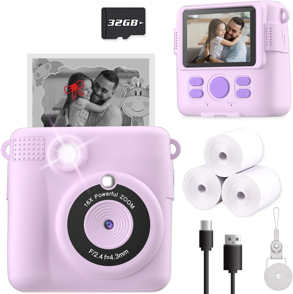 Instant Print Camera for Kids, Christmas Birthday Gifts for Girls Boys, HD Digital Video Cameras for Toddler, Portable Toy for 4 5 6 7 8 9 10 Year Old Girl with 32GB SD Card-Purple Instant Print Camera for Kids, Christmas Birthday Gifts for Girls Boys, HD Digital Video Cameras for Toddler, Portable Toy for 4 5 6 7 8 9 10 Year Old Girl with 32GB SD Card-Purple