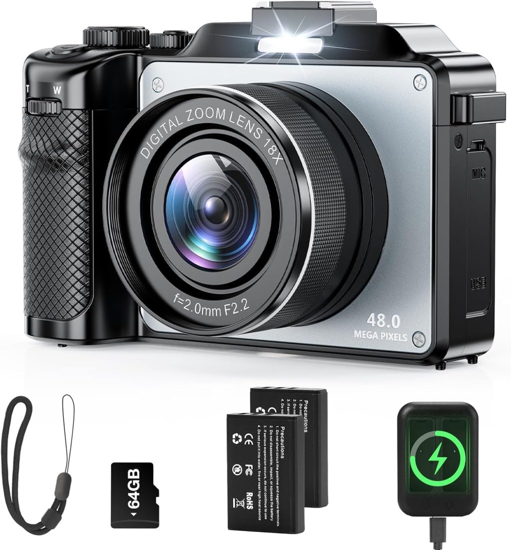 4K Digital Camera for Photography and Video, 64MP Auto-Focus Anti-Shake Vlogging Camera with 20X Digital Zoom, Flash, Compact Travel Camera with 64GB TF Card, 2 Batteries and Battery Charger (Silver) 4K Digital Camera for Photography and Video, 64MP Auto-Focus Anti-Shake Vlogging Camera with 20X Digital Zoom, Flash, Compact Travel Camera with 64GB TF Card, 2 Batteries and Battery Charger (Silver)