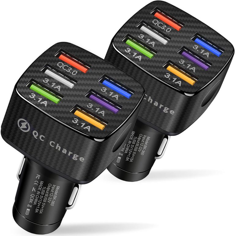 Amiss Car Charger Adapter, 6 USB Multi Port, Fast Charger, Include QC 3.0 and 5 Other Ports, Car Interior Accessories, Fit for iPhone 13/12/11/pro, Samsung Galaxy/Note S10/S9/S8 – Black（2PCS）
