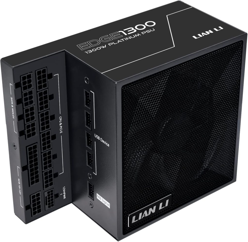 Lian Li Edge Series-1300W Full Modular Power Supply-80 Plus Platinum-ATX 3.0, 3.1-PCIE 5.1-L-Shape Design for Dual Chamber Case-120mm FDB Fan-Supports up to 4X USB Devices-Black (EG1300BE.US) Lian Li Edge Series-1300W Full Modular Power Supply-80 Plus Platinum-ATX 3.0, 3.1-PCIE 5.1-L-Shape Design for Dual Chamber Case-120mm FDB Fan-Supports up to 4X USB Devices-Black (EG1300BE.US)