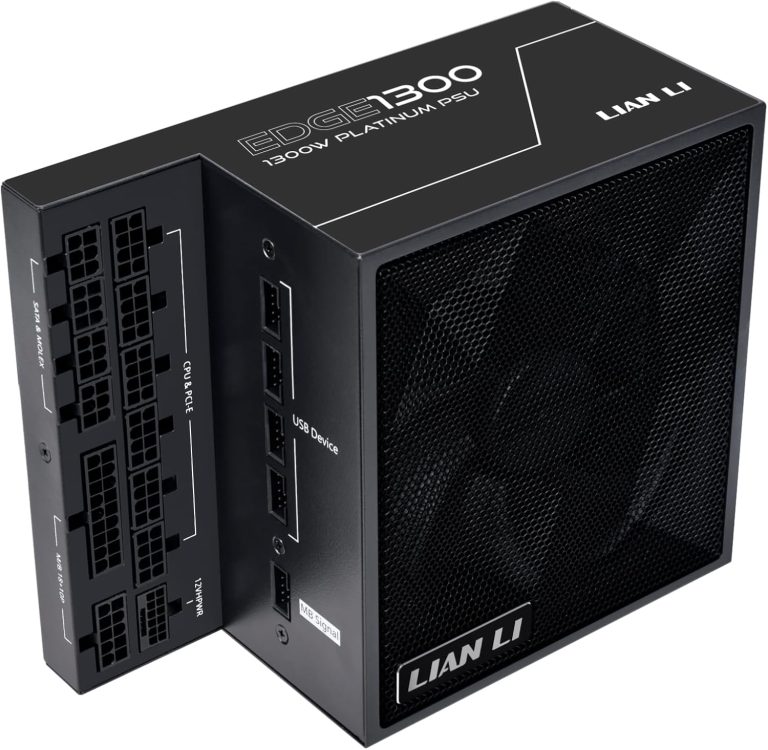 Lian Li Edge Series-1300W Full Modular Power Supply-80 Plus Platinum-ATX 3.0, 3.1-PCIE 5.1-L-Shape Design for Dual Chamber Case-120mm FDB Fan-Supports up to 4X USB Devices-Black (EG1300BE.US)
