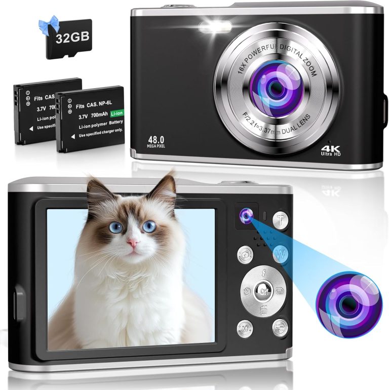 Digital Camera 4K 48MP Autofocus Vlogging Camera with Rear and Front Camera for Photography, 16X Digital Zoom Point and Shoot Cameras with 32GB Card & 2 Batteries Camera for Boys Girls Kids – Black