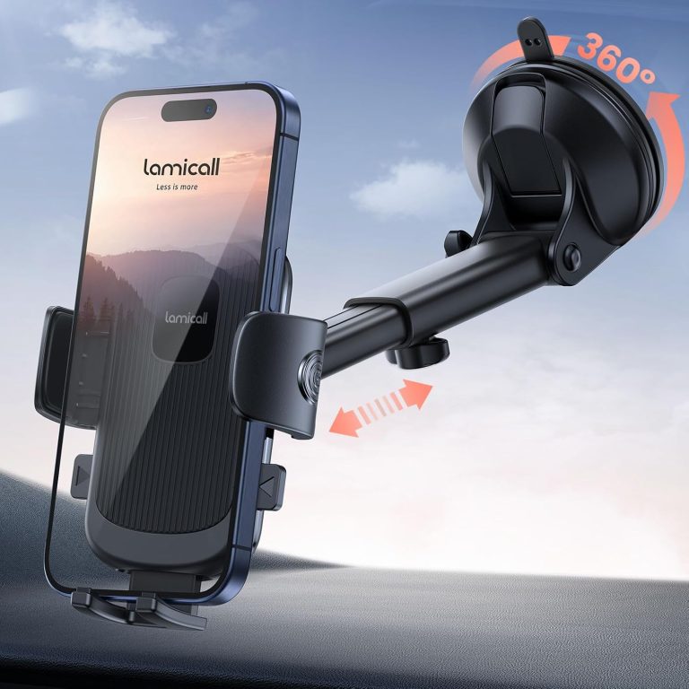 Lamicall Car Phone Holder – [Strongest Military-Grade Suction Cup] 360° Rotation Phone Holders for Your Car Quick Release Adjustable Car Phone Mount Dashboard for iPhone 16 Galaxy Smartphone Truck