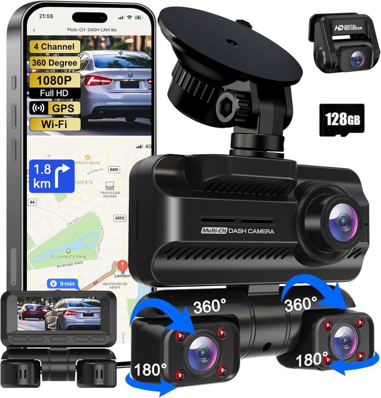 2in1 Dash Cam 4 Channel 360 Camera for Car, Front Rear Inside DashCam, 4K Full HD Dashcam Car Camera, Wi-Fi and GPS Dashcams, 3.18” IPS Screen, WDR Night Vision, 24H Parking Mode, Free 128GB Card