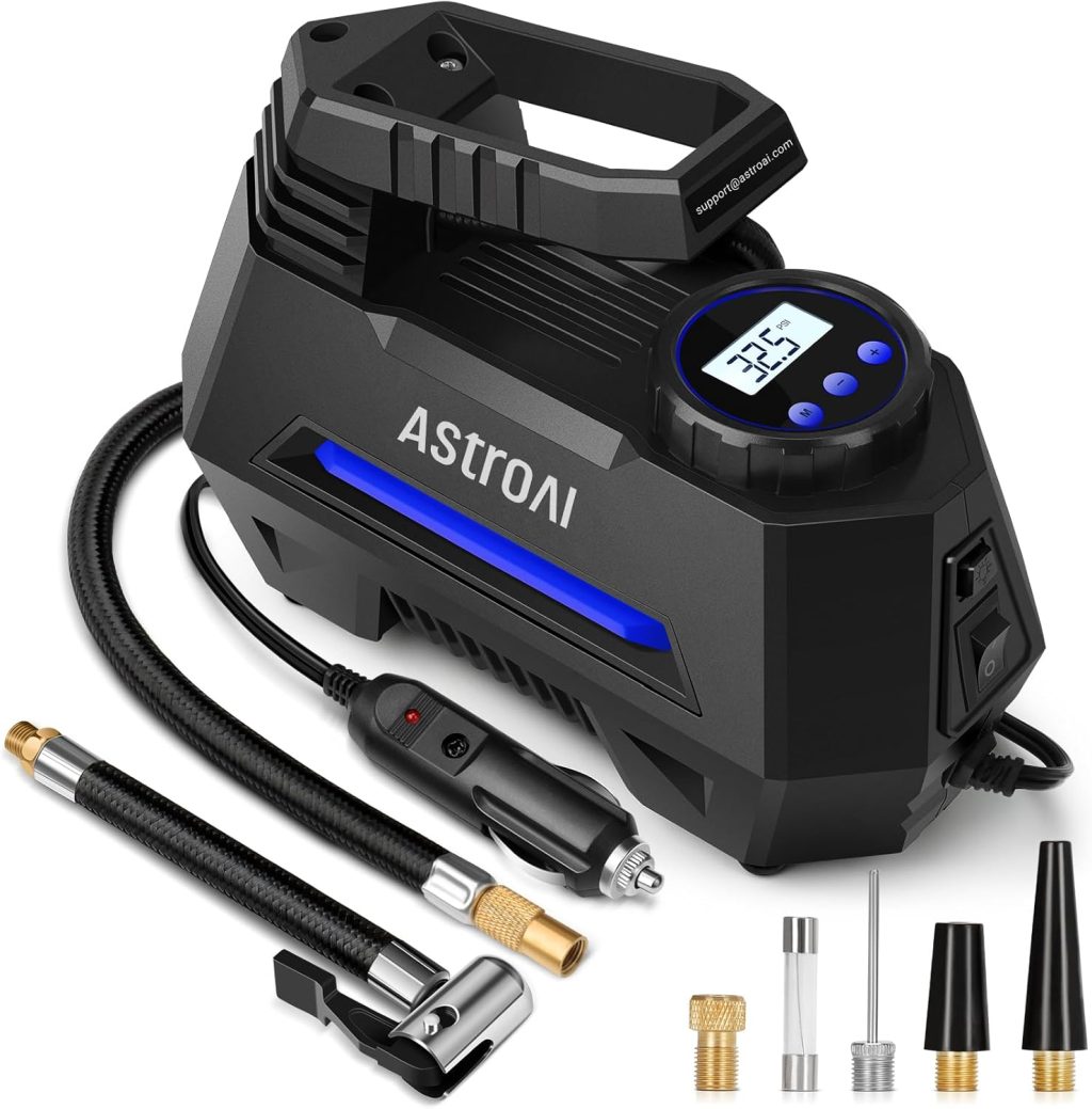AstroAI Tire Inflator Portable Air Compressor Tire Air Pump for Car Tires – Car Accessories, 12V DC Auto Pump with Digital Pressure Gauge, Emergency LED Light for Bicycle, Balloons, Blue AstroAI Tire Inflator Portable Air Compressor Tire Air Pump for Car Tires – Car Accessories, 12V DC Auto Pump with Digital Pressure Gauge, Emergency LED Light for Bicycle, Balloons, Blue