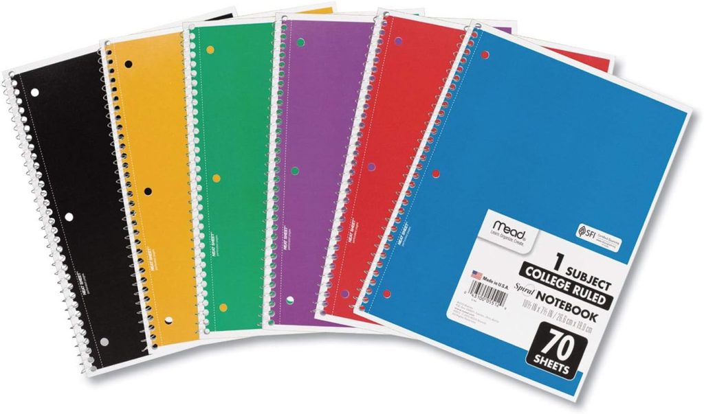 Mead Spiral Notebooks, 6 Pack, 1 Subject, College Ruled Paper, 7-1/2″ x 10-1/2″, 70 Sheets per Notebook, Color Will Vary (73065) Mead Spiral Notebooks, 6 Pack, 1 Subject, College Ruled Paper, 7-1/2″ x 10-1/2″, 70 Sheets per Notebook, Color Will Vary (73065)