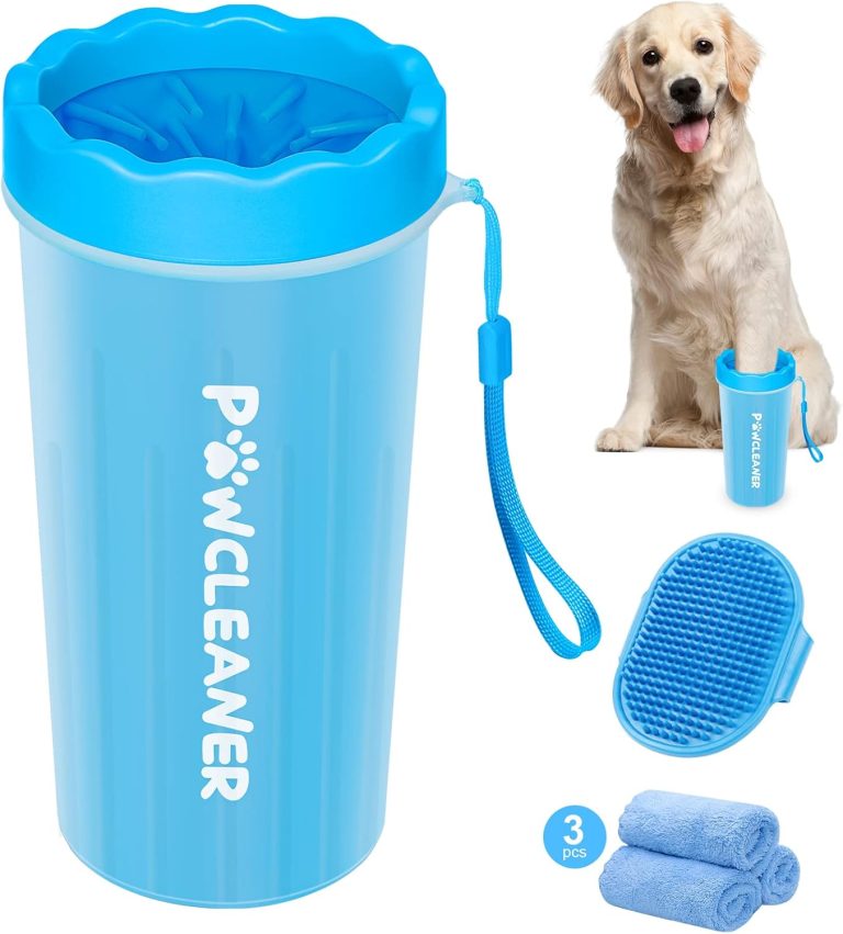 Comotech Dog Paw Cleaner with Bath Brush & Absorbent Towels – Adjustable Ring Handle for Long and Short-Haired Dogs (Large, Blue)