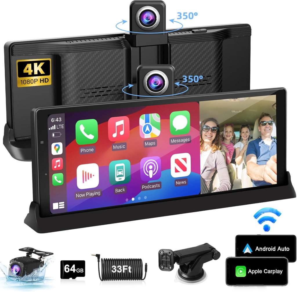 【350° Rotatable Lens】10.26”Wireless Apple CarPlay Screen for Car & 4K Dash Cam Portable Android Auto Car Stereo, Car Audio Receivers 1080P Backup Camera, Bluetooth/GPS Navigation/AirPlay/Googel/Siri 【350° Rotatable Lens】10.26”Wireless Apple CarPlay Screen for Car & 4K Dash Cam Portable Android Auto Car Stereo, Car Audio Receivers 1080P Backup Camera, Bluetooth/GPS Navigation/AirPlay/Googel/Siri