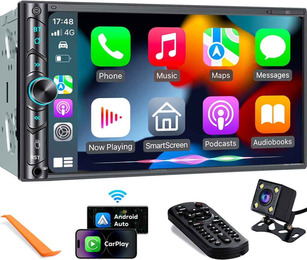 Upgrade Wireless Double Din Car Stereo with Carplay, Android Auto, Bluetooth, 4-Channel RCA, High Power, 2 Subwoofer Ports, 7″ HD Capacitive Touchscreen Car Radio, Backup Camera, Audio Receiver