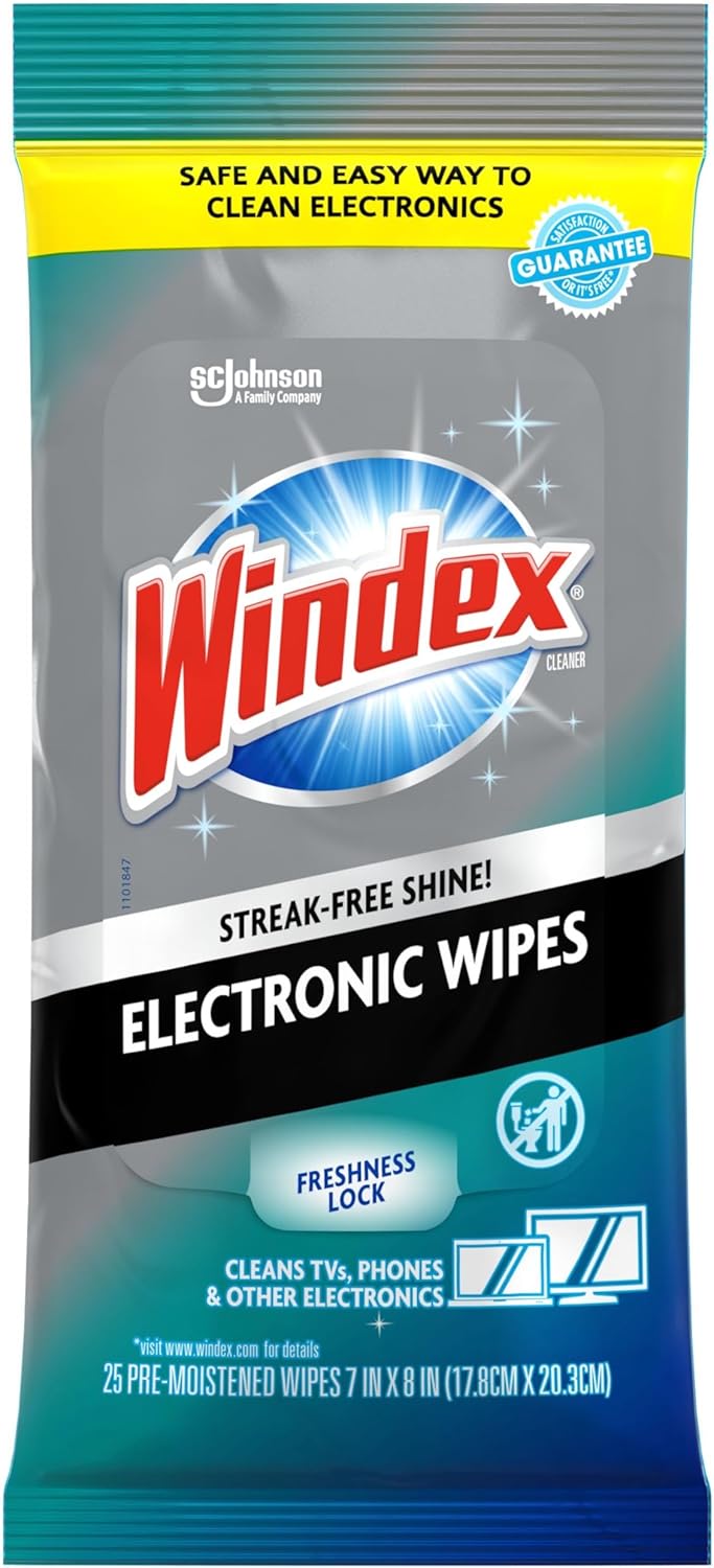 Windex Electronic Cleaning Wipes, Pre-Moistened Screen Wipes for TVs, Phones, and Other Electronics, Resalable for a Freshness Lock, 25 Count