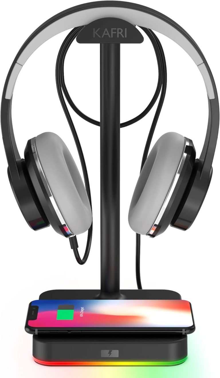 KAFRI RGB Headphone Stand with Wireless Charger Desk Gaming Headset Holder Hanger Rack with 10W/7.5W Fast Charge QI Wireless Charging Pad – Suitable for Gamer Desktop Table Game Earphone Accessories
