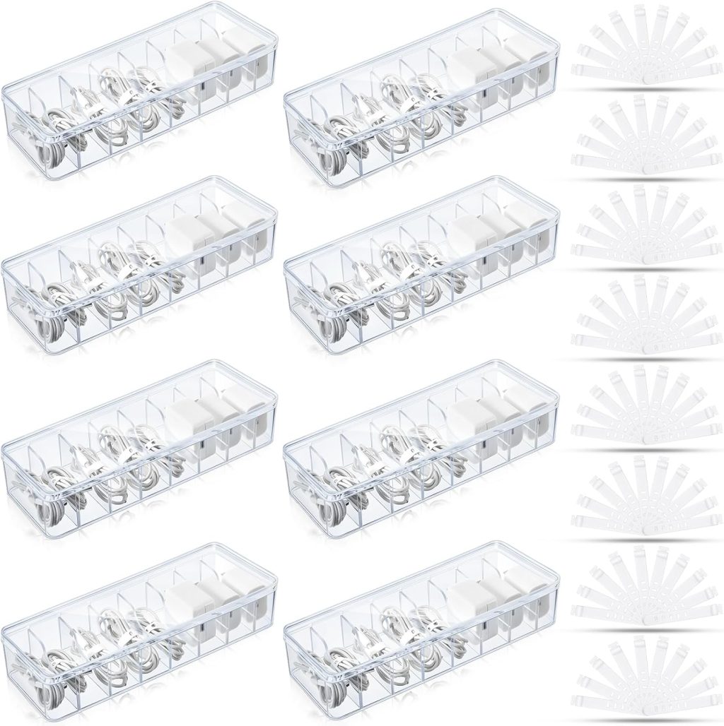 Tatuo 8 Pcs Cable Organizer with 80 Wire Ties, Clear Plastic Cord Storage Box with Lid, Electronics Charger Organizer for Home Office Desk Organizers and Accessories Tatuo 8 Pcs Cable Organizer with 80 Wire Ties, Clear Plastic Cord Storage Box with Lid, Electronics Charger Organizer for Home Office Desk Organizers and Accessories