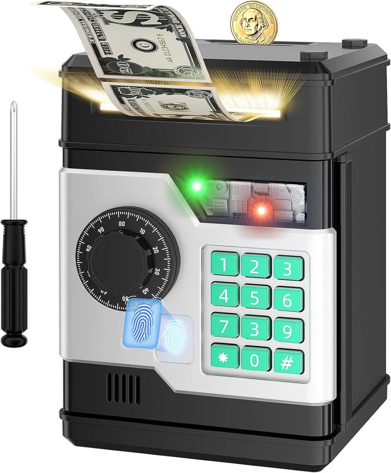 Piggy Bank, Automatic Electronic Piggy Bank for Kids Boys Girls with Password and Fingerprint Unlocking Simulation, Money Bank Kids Safe Toys for 3 4 5 6 7 8 9 10 Year Old Boy Girl (Black)