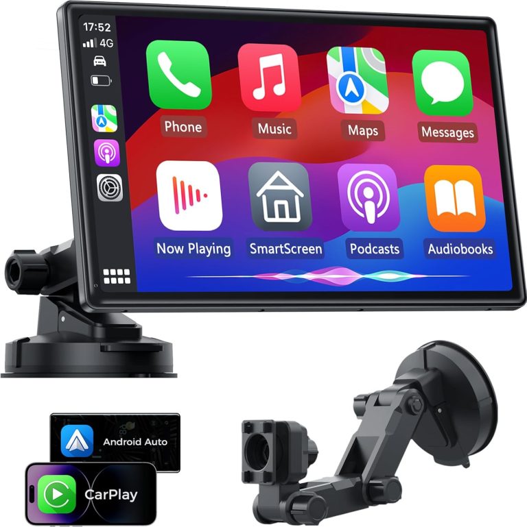 9″ Wireless Apple Carplay Screen for Car, Secure Strong Bracket, Portable Apple CarPlay& Android Auto Car Stereo with GPS Navigation, Bluetooth, Mirror Link, Voice Control,Fits All Vehicles