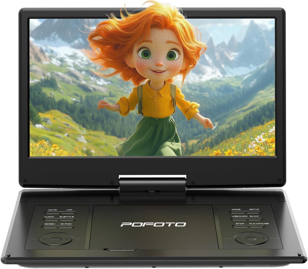 15.7″ Portable DVD Player with 14.1″ HD Swivel Screen, 6-Hour Rechargeable Battery, Dual Speakers, USB/SD/TV Sync, Supports Multiple Disc Formats, Black 15.7″ Portable DVD Player with 14.1″ HD Swivel Screen, 6-Hour Rechargeable Battery, Dual Speakers, USB/SD/TV Sync, Supports Multiple Disc Formats, Black